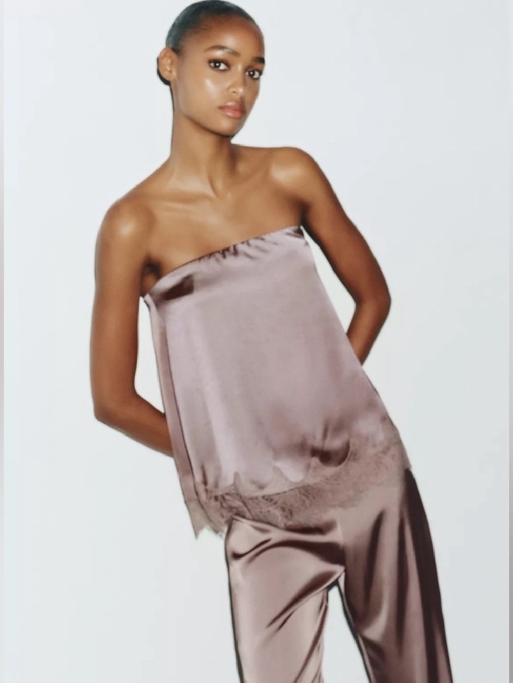 Zara Satin-Effect Lace Strapless Top - Dusty Rose